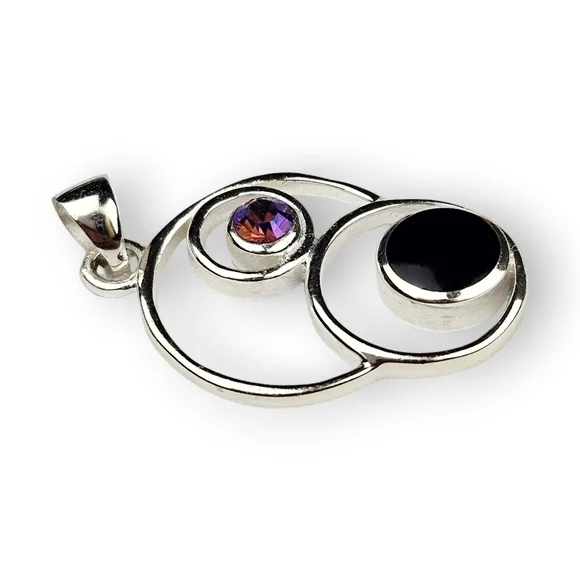 Circles Sterling Pendant Black Onyx Aurora Borealis Crystal Rhodium Plate 925 1" - Picture 2 of 6